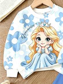 Spring/Autumn New White Ice Princess Cartoon Print Set For Young Girls, Sweet Baby Western Floral Round Neck Long Sleeve Sweatshirt Flare Pants Outfit - Multicolor - View 5
