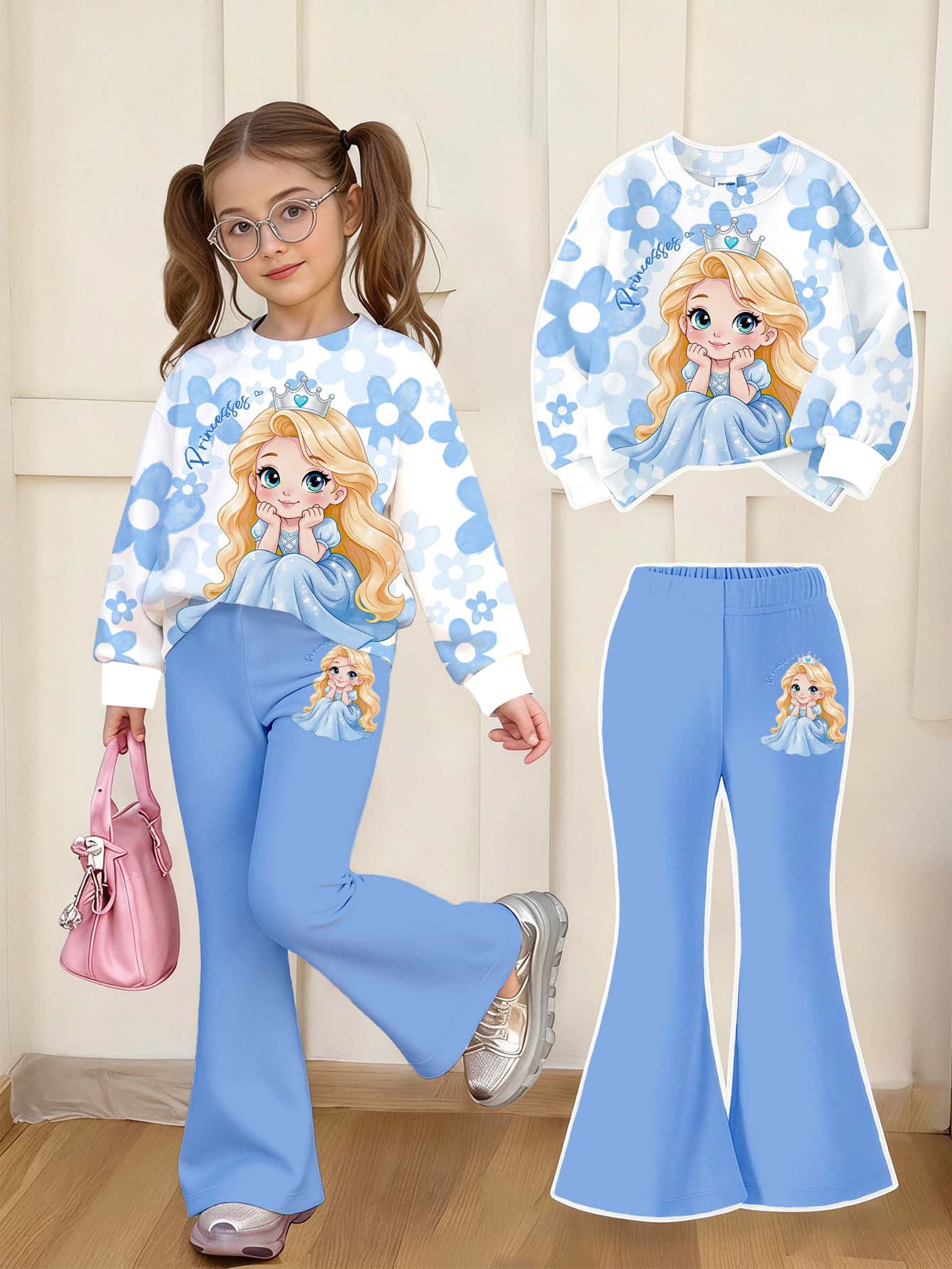 Spring/Autumn New White Ice Princess Cartoon Print Set For Young Girls, Sweet Baby Western Floral Round Neck Long Sleeve Sweatshirt Flare Pants Outfit - Multicolor - View 1