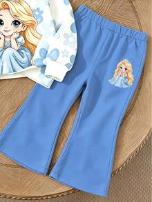 Spring/Autumn New White Ice Princess Cartoon Print Set For Young Girls, Sweet Baby Western Floral Round Neck Long Sleeve Sweatshirt Flare Pants Outfit - Multicolor - View 6
