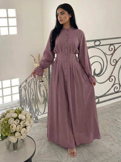 Veilorie Women's Solid Color Front Button Pleated Waist Long Dress