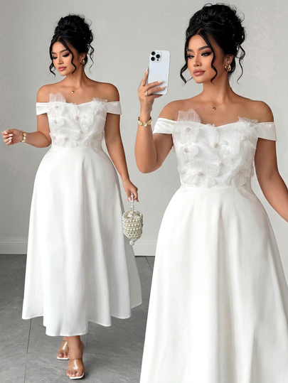 Elenzga Plus Size White Elegant 3D Floral Off-Shoulder Strapless Dress