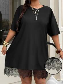 GalTyme Plus Size Women's Solid Color Round Neck Drop Shoulder Lace Hem Loose Dress Concert Black Summer Business Casual - Black - View 4