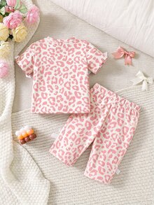SHEIN Baby Girl Leopard Print Top And Pants Set 2pcs Short Sleeve Bow Decor Side Stripe Long Pants Sweet Casual Summer Outfit - Multicolor - View 3