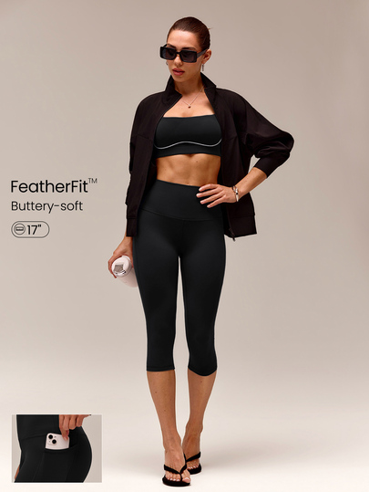 GLOWMODE 17英寸 FeatherFit™ Peak Energy 高腰侧袋吸汗速干弹力紧身裤，柔软舒适，适合低强度瑜伽、普拉提、健身房锻炼和日常运动穿着。