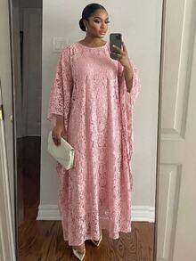 SHEIN Lady 大尺碼優雅傳統派對晚宴禮服 素色蕾絲拼接洋裝 秋季婚禮 粉色花卉 粉色秋季款 - 粉色 - 查看 6