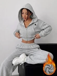 SHEIN EZwear 女款騎士圖案拉鍊連帽衛衣與運動長褲休閒日常兩件套，灰色，適合健身運動、秋季日常穿著 - 淺灰色 - 查看 7