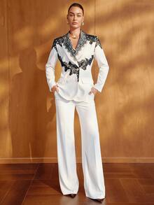 MOTF PREMIUM WOMEN'S WHITE SUIT WITH BLACK LACE CONTRAST, ELEGANT COMMUTER STYLE, AUTUMN/WINTER - White - View 6