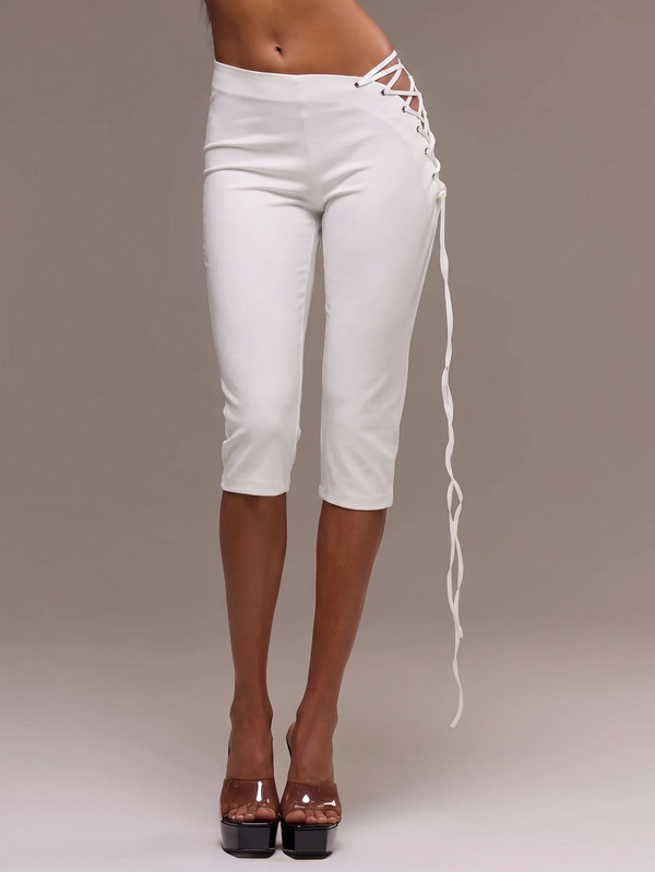 MUSERA Lace Up Side Silver Eyelet Asymmetric Waist Capri Cropped Fitted Trousers Cool Girl Going Out Sexy Costumes For Women Crimson Party Summer Casual