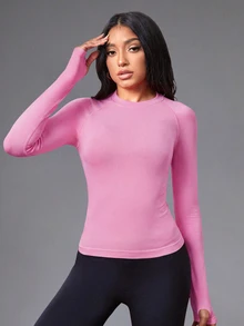SHEIN Sports 拇指孔長袖修身無縫運動T恤 - 粉色 - 查看 3