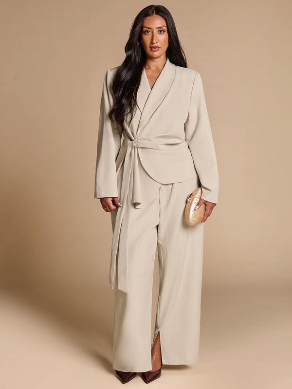 SHEIN BAE CURVE Plus Size Apricot Side Tie Elegant Blazer,Elegant Light Beige Shawl Collar Long Sleeve Blazer,Autumn Party,Old Money Style Business Casual Office