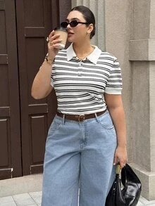 Dripcurv 大尺碼女款夏季黑白條紋 Polo T恤，簡約 90 年代柔美修身商務休閒風，優雅休閒度假運動約會穿搭 - 黑與白 - 查看 7