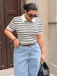 Dripcurv 大尺碼女款夏季黑白條紋 Polo T恤，簡約 90 年代柔美修身商務休閒風，優雅休閒度假運動約會穿搭 - 黑與白 - 查看 5