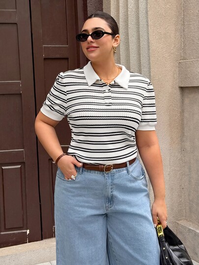 Dripcurv Camiseta polo de rayas negras y blancas para mujer talla grande, estilo simple tradicional de los 90, suave, formal, casual de negocios, elegante, ropa deportiva para vacaciones
