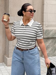 Dripcurv 大尺碼女款夏季黑白條紋 Polo T恤，簡約 90 年代柔美修身商務休閒風，優雅休閒度假運動約會穿搭 - 黑與白 - 查看 4