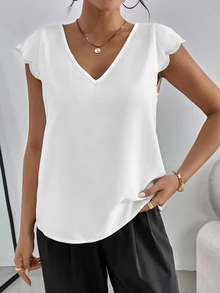 SHEIN Essnce Women Casual V-Neck Cap Sleeve Shell Edge Burnout Floral Top White Shirt - White - View 4
