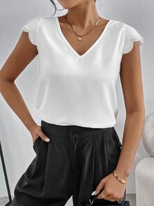 SHEIN Essnce Women Casual V-Neck Cap Sleeve Shell Edge Burnout Floral Top White Shirt - White - View 3