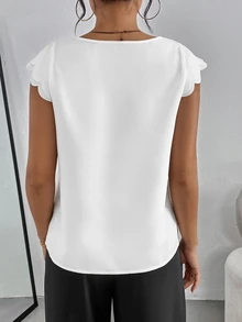 SHEIN Essnce Women Casual V-Neck Cap Sleeve Shell Edge Burnout Floral Top White Shirt - White - View 2