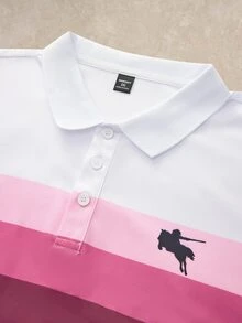 Courvante 大码男士休闲通勤条纹短袖 Polo 衫 - 珊瑚粉 - 查看 3