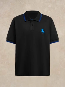 Courvante Men's Polo Shirt,Black,Summer,Casual,Golf,Business Casual Patterned Horse Print Design, Man's Charm,Suitable For Daily,Holiday,And Date Wear - Black - View 1