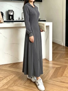 Modelyn 女款深灰色休閒百搭通勤居家日常長版衛衣洋裝，適合秋季 - 灰色 - 查看 3