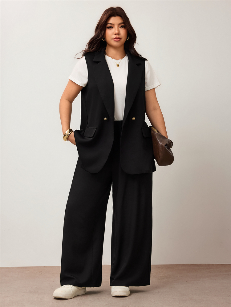 Enliva Plus Size Lapel Collar Double Button Vest Blazer Workwear Bussines Office Graduation Back To School Teacher Outfits For Women In Summer Black Casual - Black - View 6