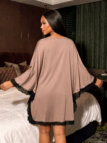 Silforma Women's Contrast Color Contrast Lace Batwing Sleeve Loose Dress, Winter Lace Sleepwear Lingerie Robe Set Lingerie Sleepwear Dress - Coral Pink - View 2