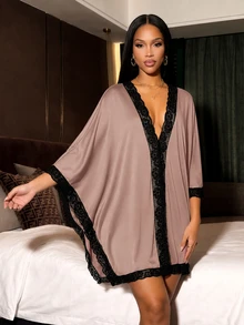 Silforma Women's Contrast Color Contrast Lace Batwing Sleeve Loose Dress, Winter Lace Sleepwear Lingerie Robe Set Lingerie Sleepwear Dress - Coral Pink - View 3