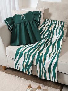 SHEIN 青少年女孩蝴蝶結飛袖T恤套裝，度假、返校、夏季、假日穿搭，80年代家庭風，祖母綠與白色 - 綠色 - 查看 3