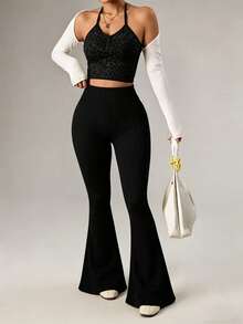 Slayform Slayform Seamless Knit Texture Women Sports Flare Pants - Black - View 6