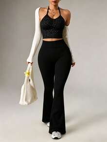 Slayform Slayform Seamless Knit Texture Women Sports Flare Pants - Black - View 8