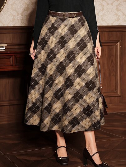 Auvina Vintage 1950s Elegant Brown Coffee Diagonal Plaid Wool A-Line Skirt, High Waist Cut, Plus Size Skirt Office Formal Autumn