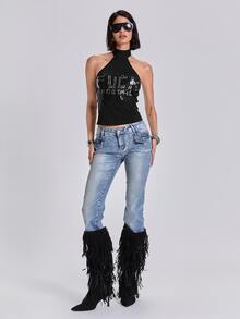 ROMWE Spring/Summer Y2K Rock Style Sequin Embroidered English Letter Slay Fitted Halter Neck Tie-Up Tank Top - Black - View 3