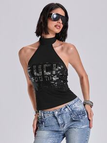 ROMWE Spring/Summer Y2K Rock Style Sequin Embroidered English Letter Slay Fitted Halter Neck Tie-Up Tank Top - Black - View 4