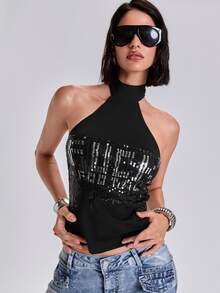 ROMWE Spring/Summer Y2K Rock Style Sequin Embroidered English Letter Slay Fitted Halter Neck Tie-Up Tank Top - Black - View 5