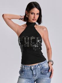 ROMWE Spring/Summer Y2K Rock Style Sequin Embroidered English Letter Slay Fitted Halter Neck Tie-Up Tank Top - Black - View 7
