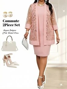Fleurora Plus Size Women Solid Color Round Neck Dress Cardigan Fashion Elegant 2-Piece Set Wedding Formal Dinner Pink Summer Light Pink - Coral Pink - View 4