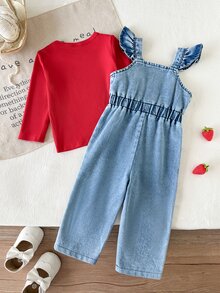 SHEIN Vintaside Kids 2件組 藍色女嬰甜美草莓刺繡鈕扣荷葉邊肩帶長袖上衣吊帶褲套裝 秋季 - 紅色 - 查看 2