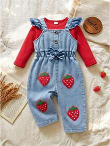 SHEIN Vintaside Kids 2pcs Blue Baby Girl Sweet Strawberry Embroidery Button Ruffle Straps Long Sleeve Top Suspender Pants Set Fall - Red - View 1