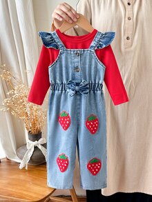 SHEIN Vintaside Kids 2pcs Blue Baby Girl Sweet Strawberry Embroidery Button Ruffle Straps Long Sleeve Top Suspender Pants Set Fall - Red - View 3