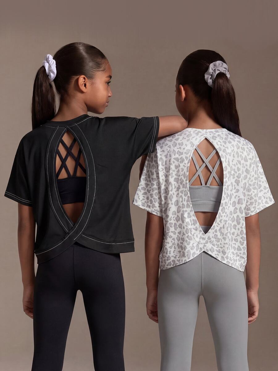 SHEIN Tween Girls' Open-Back Sports T-Shirt (2-Pack), All Black Contrast Stitching Leopard Print, Short Sleeve, Knit, Gym Dance Summer Active Casual - Multicolor - View 1