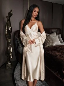 Silforma Lace Trim Faux Silk Camisole Nightgown And Robe Women Sleepwear Set - Champagne - View 1