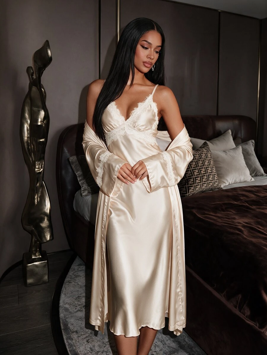 Silforma Lace Trim Faux Silk Camisole Nightgown And Robe Women Sleepwear Set - Champagne - View 1