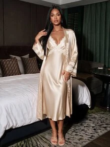 Silforma Lace Trim Faux Silk Camisole Nightgown And Robe Women Sleepwear Set - Champagne - View 3