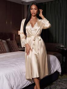 Silforma Lace Trim Faux Silk Camisole Nightgown And Robe Women Sleepwear Set - Champagne - View 5