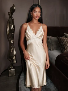 Silforma Lace Trim Faux Silk Camisole Nightgown And Robe Women Sleepwear Set - Champagne - View 7