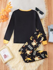 SHEIN 大童男孩卡通字母圖案對比包邊短袖上衣與長褲睡衣套裝 - 黑色 - 查看 2