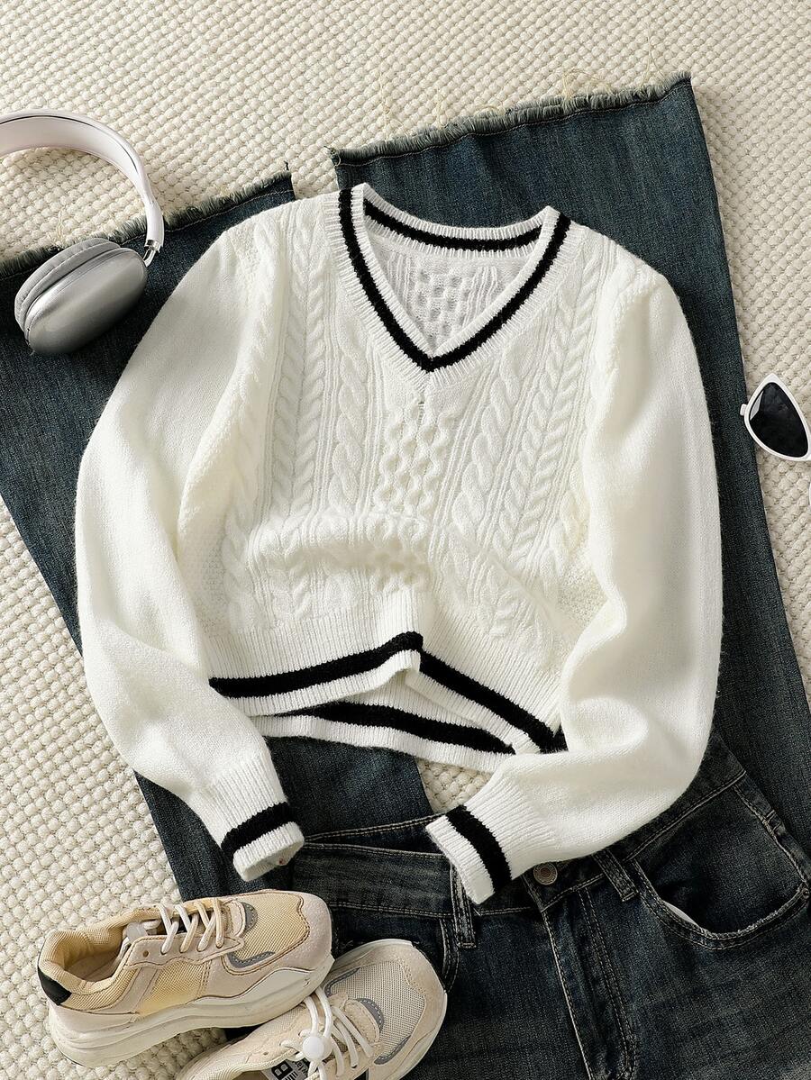 SHEIN Tween Girl Colorblock V-Neck Casual Daily Long Sleeve Sweater Autumn Fall - White - View 1