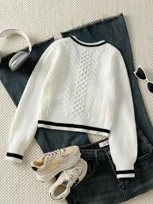 SHEIN Tween Girl Colorblock V-Neck Casual Daily Long Sleeve Sweater Autumn Fall - White - View 2