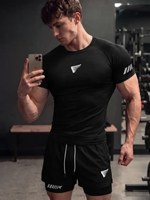 Gym Rark Men's Geometric Print Raglan Short Sleeve T-Shirt And Drawstring Waist Shorts,Black Summer Athleisure Gym Running Workout Set,Lightweight Sports Suit - Black - View 5
