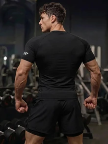 Gym Rark Men's Geometric Print Raglan Short Sleeve T-Shirt And Drawstring Waist Shorts,Black Summer Athleisure Gym Running Workout Set,Lightweight Sports Suit - Black - View 2